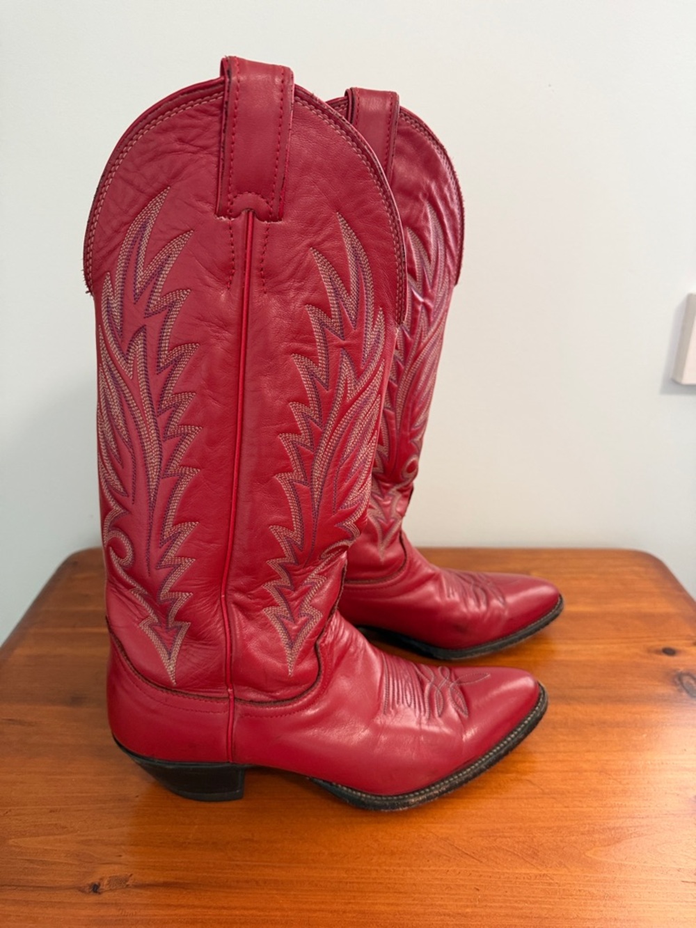 Justin Boots Red Leather Western Cowboy Boots with Embroidered Shaft